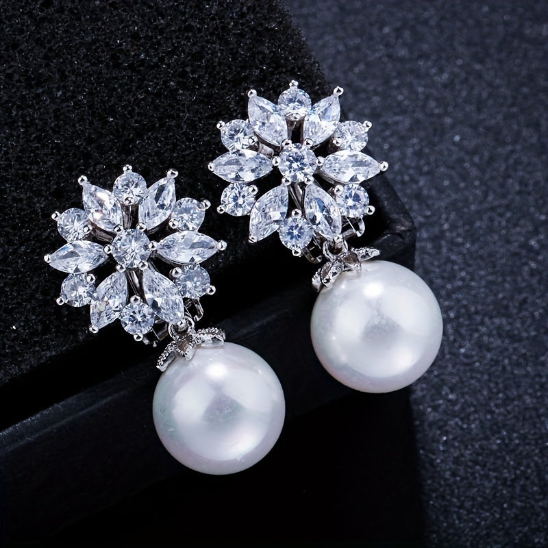 Elegant Pearl Drop Zirconia Clip Earrings
