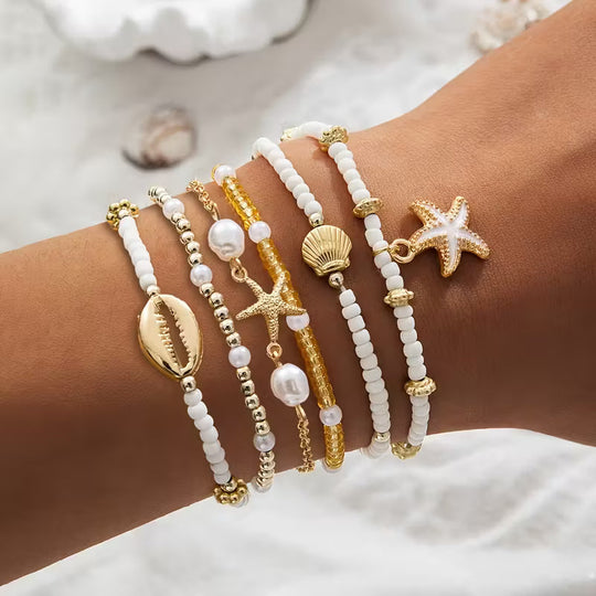 Coastal Gold & Pearl Bracelet Set of 6