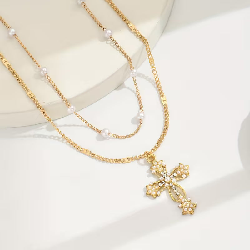 Graceful Layered Pearl Cross Necklace