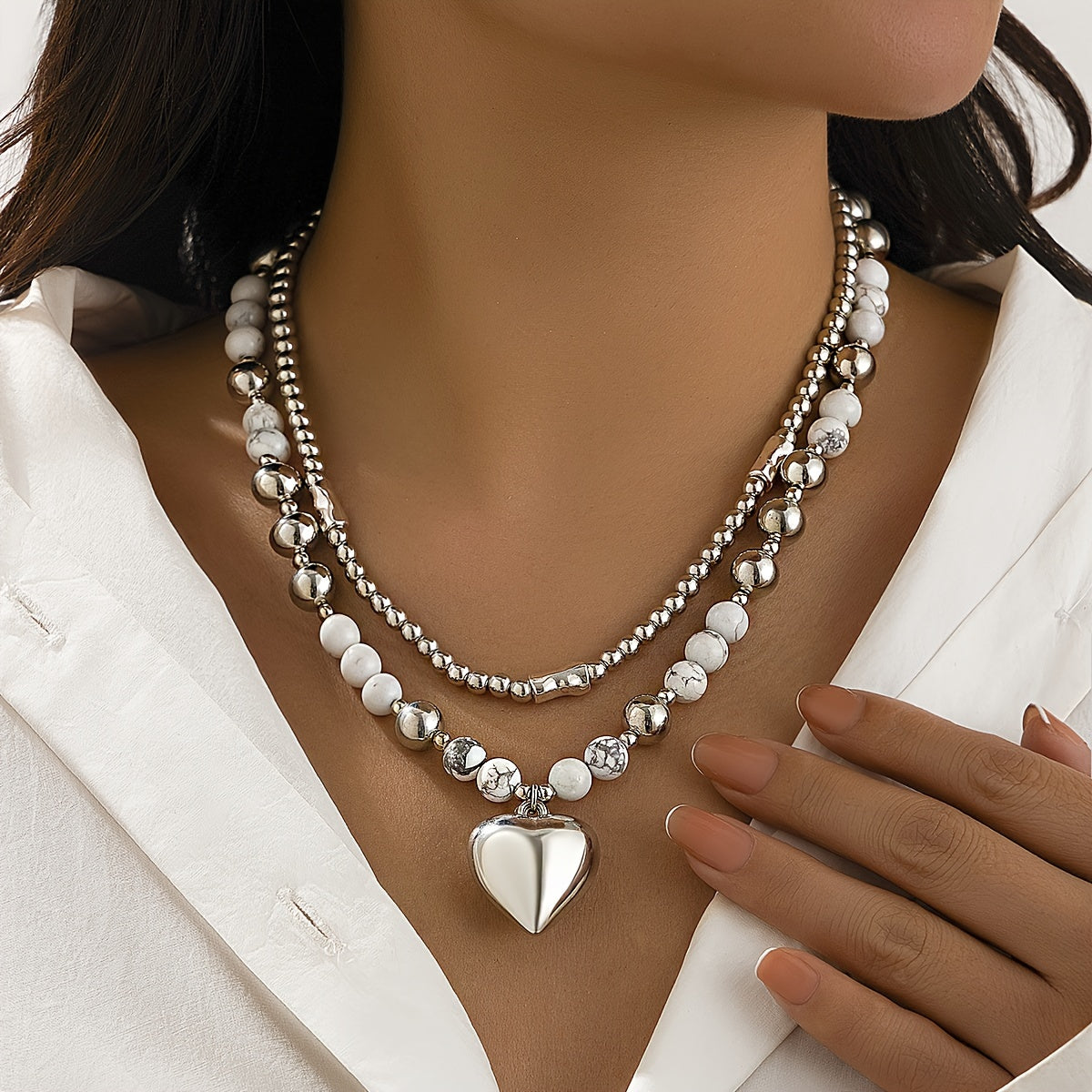 Vintage Silver Heart Necklace Set of 2