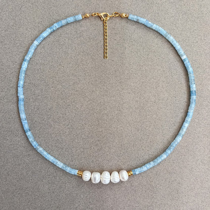 Minimal Aquamarine Turquoise and Pearl Necklace