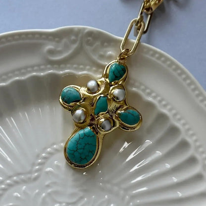 Statement Turquoise Cross Lariat Necklace
