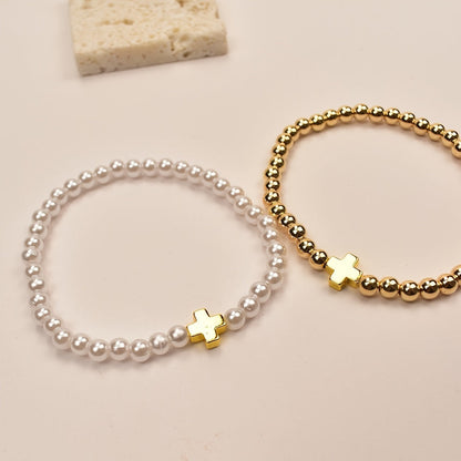 Delicate Pearl Cross Bracelet Set