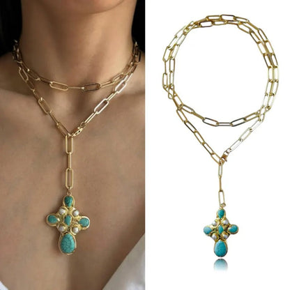 Statement Turquoise Cross Lariat Necklace