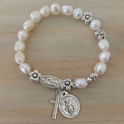 Elegant Pearl Flower Faith Bracelet