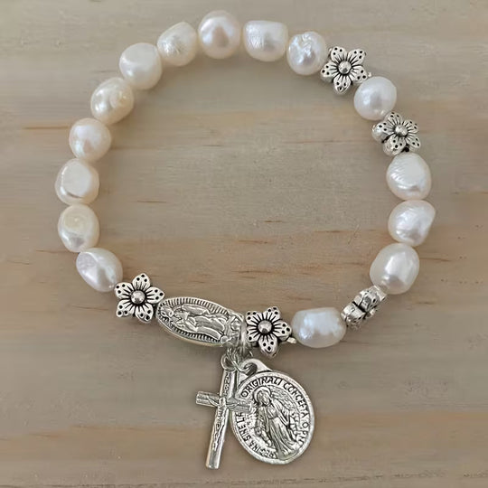 Elegant Pearl Flower Faith Bracelet