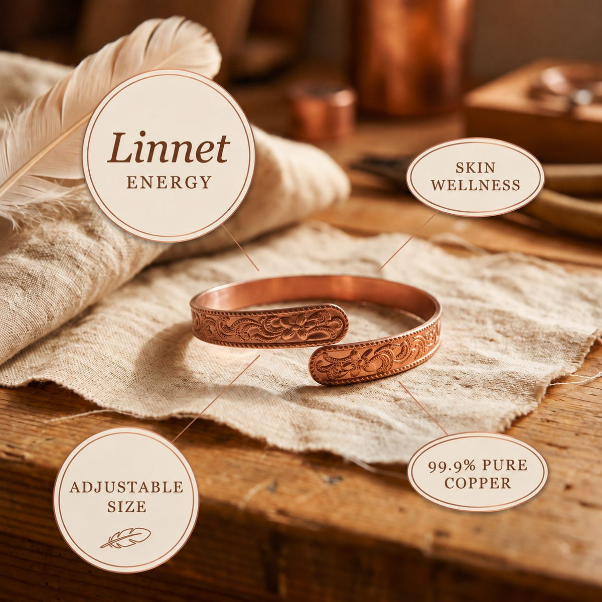 Adjustable Flower Engraved Copper Bracelet