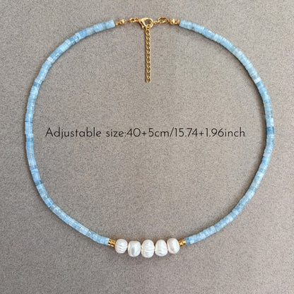 Minimal Aquamarine Turquoise and Pearl Necklace