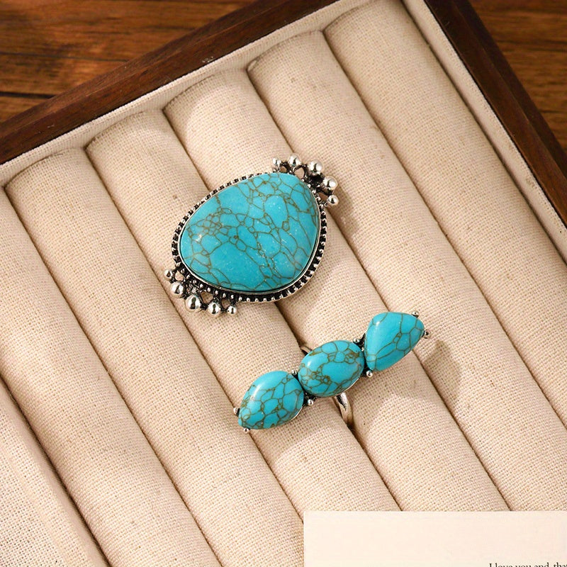 Bohemian Turquoise Statement Ring Set of 2