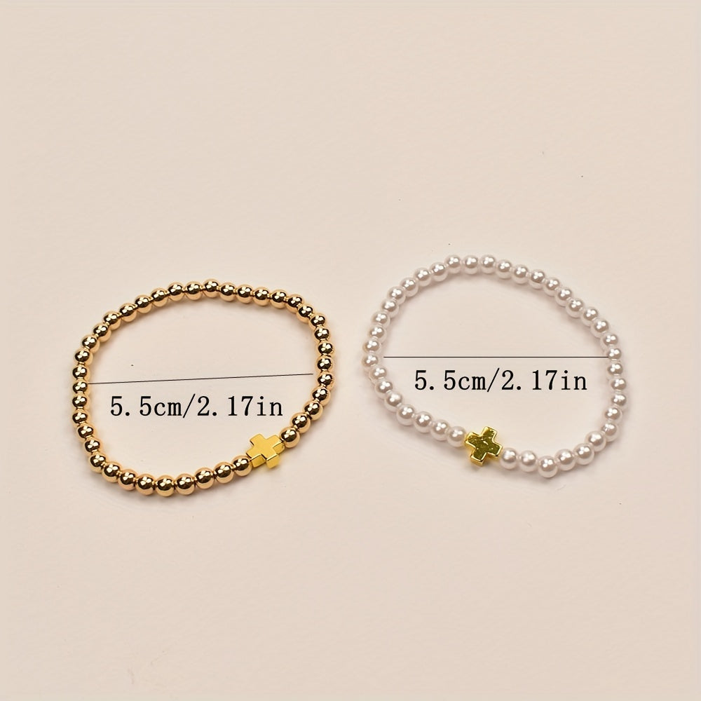 Delicate Pearl Cross Bracelet Set