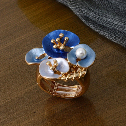 Blue Floral Pearl Adjustable statment Ring