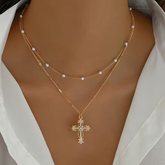 Graceful Layered Pearl Cross Necklace