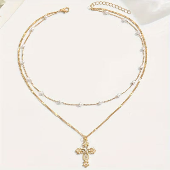 Graceful Layered Pearl Cross Necklace