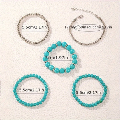 Big Turquoise Beaded Bracelet set of 5